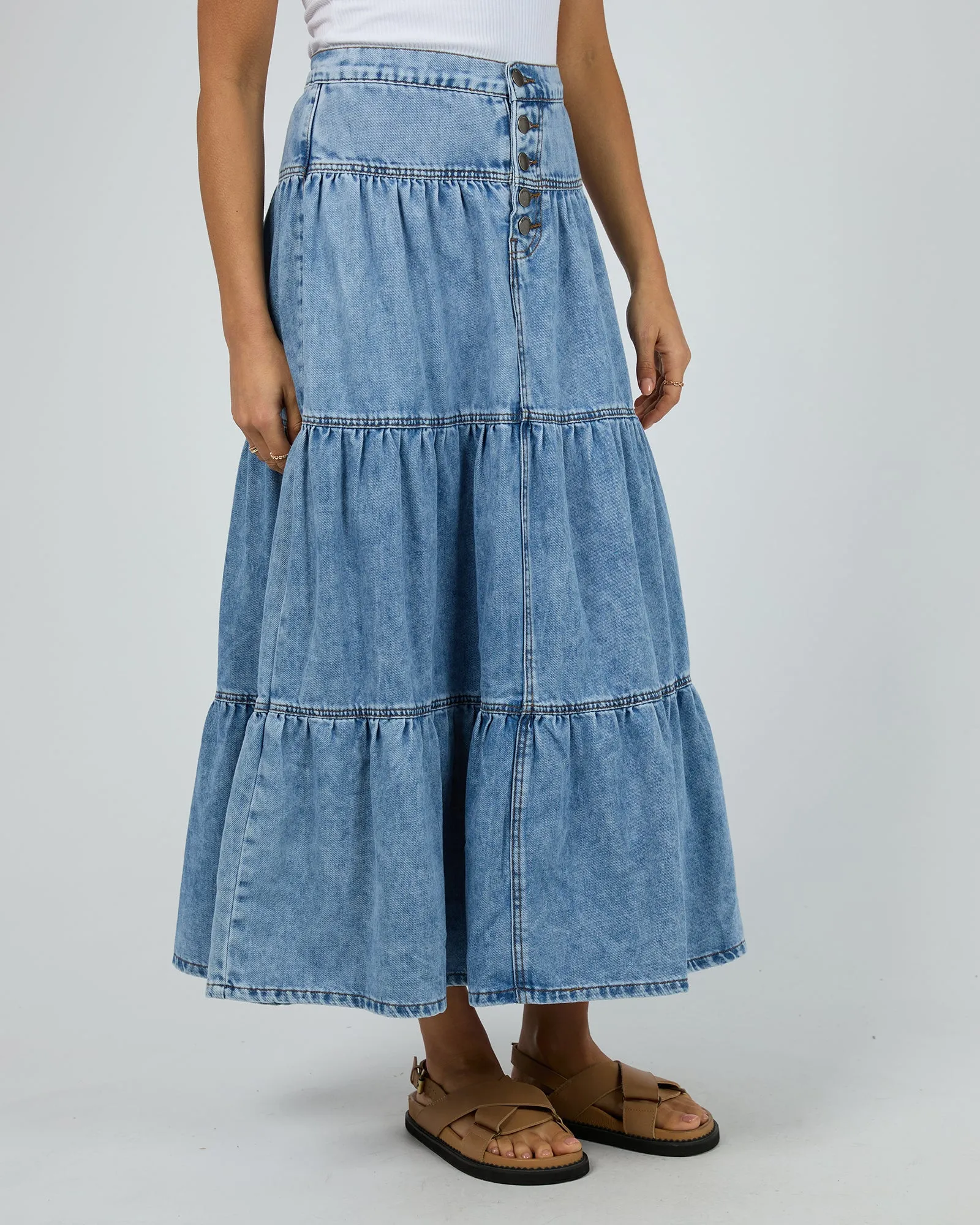 All About Eve Coco Denim Maxi Skirt Light Blue