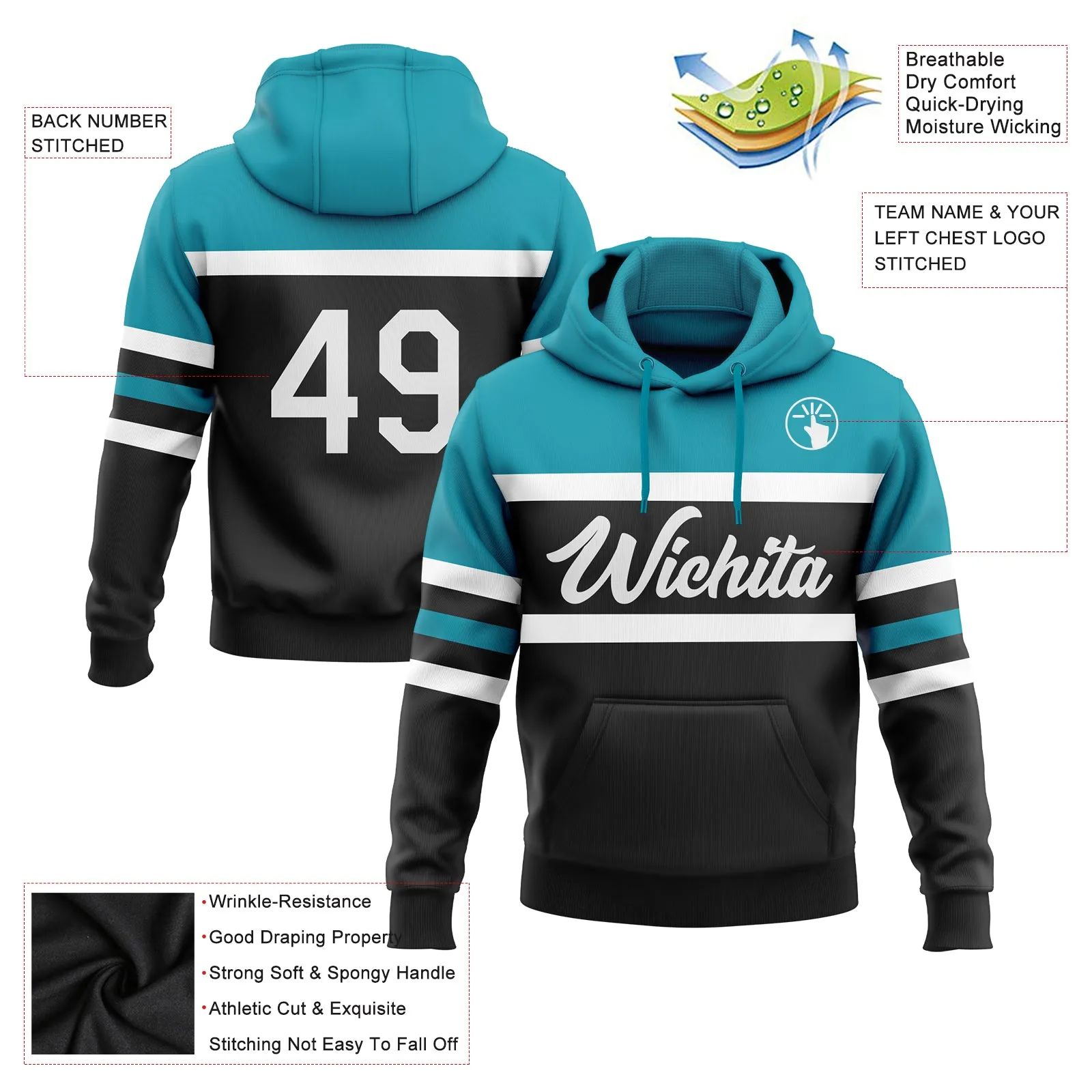Custom Stitched Black White-Teal Line Sports Pullover Sweatshirt Hoodie