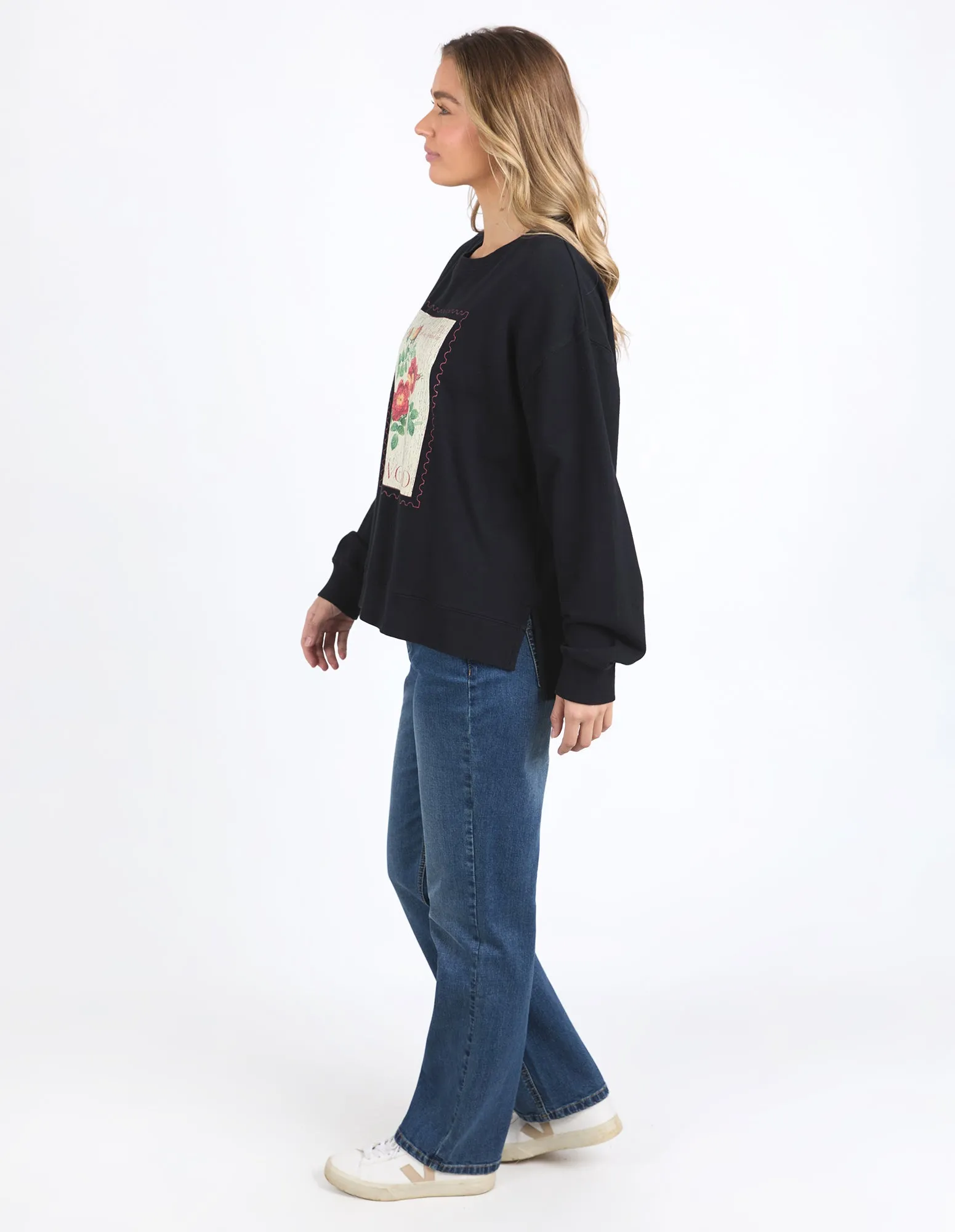 Foxwood Stamped Floral Crew Black