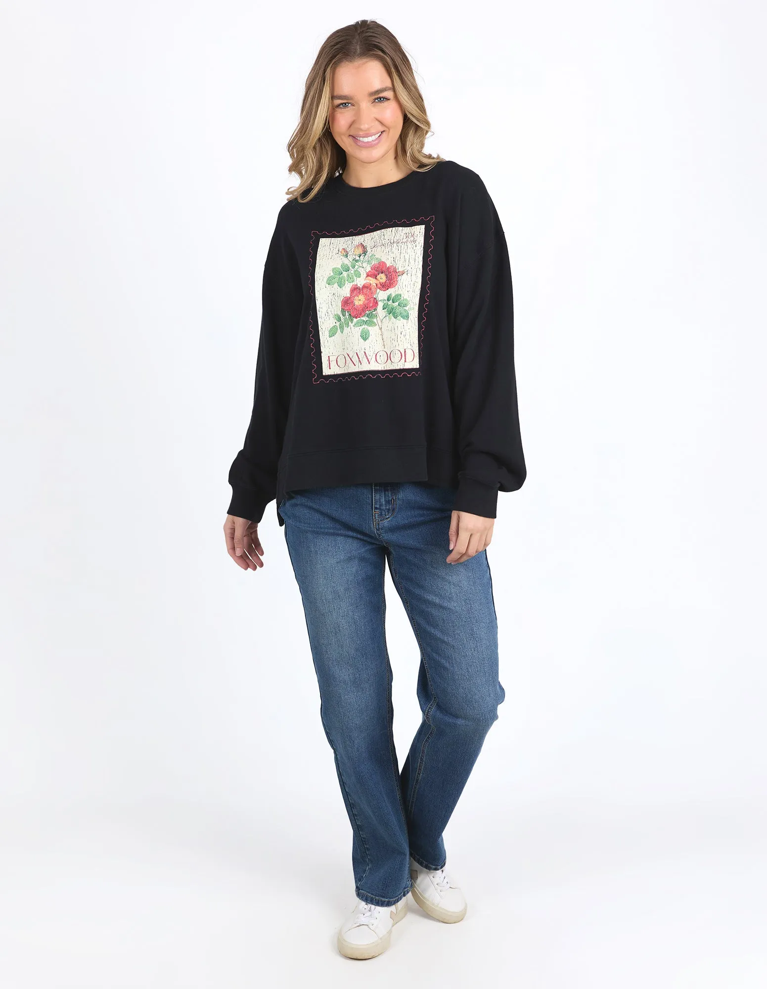 Foxwood Stamped Floral Crew Black