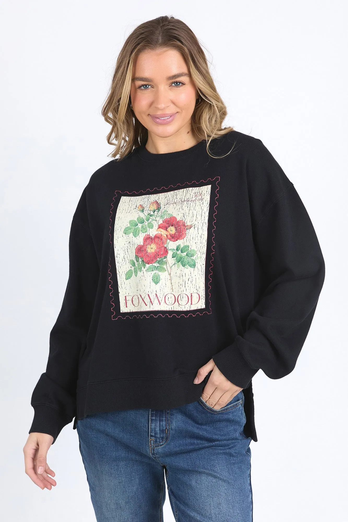 Foxwood Stamped Floral Crew Black