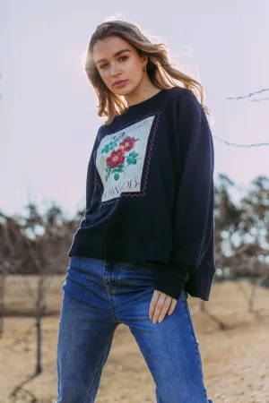 Foxwood Stamped Floral Crew Black