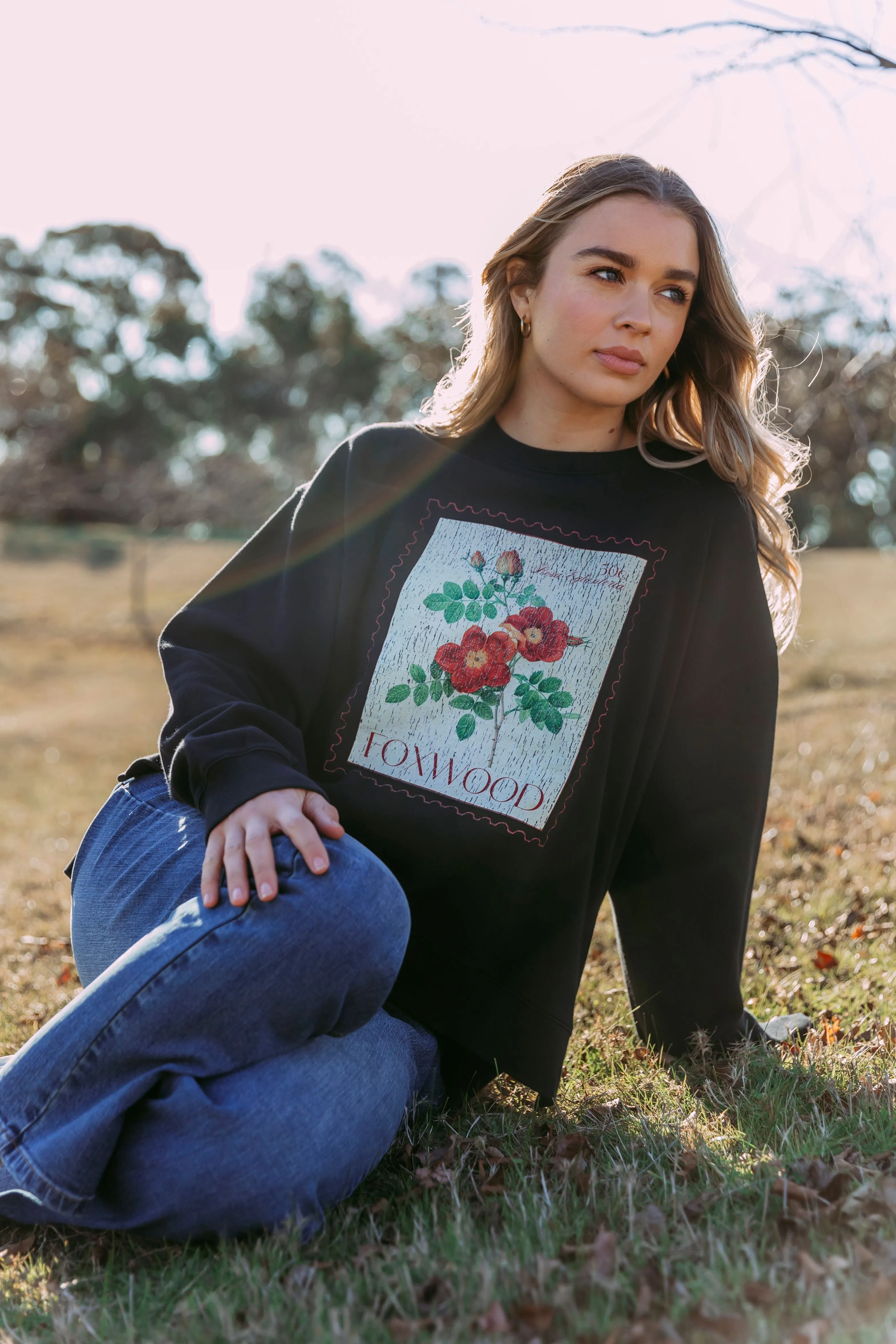 Foxwood Stamped Floral Crew Black