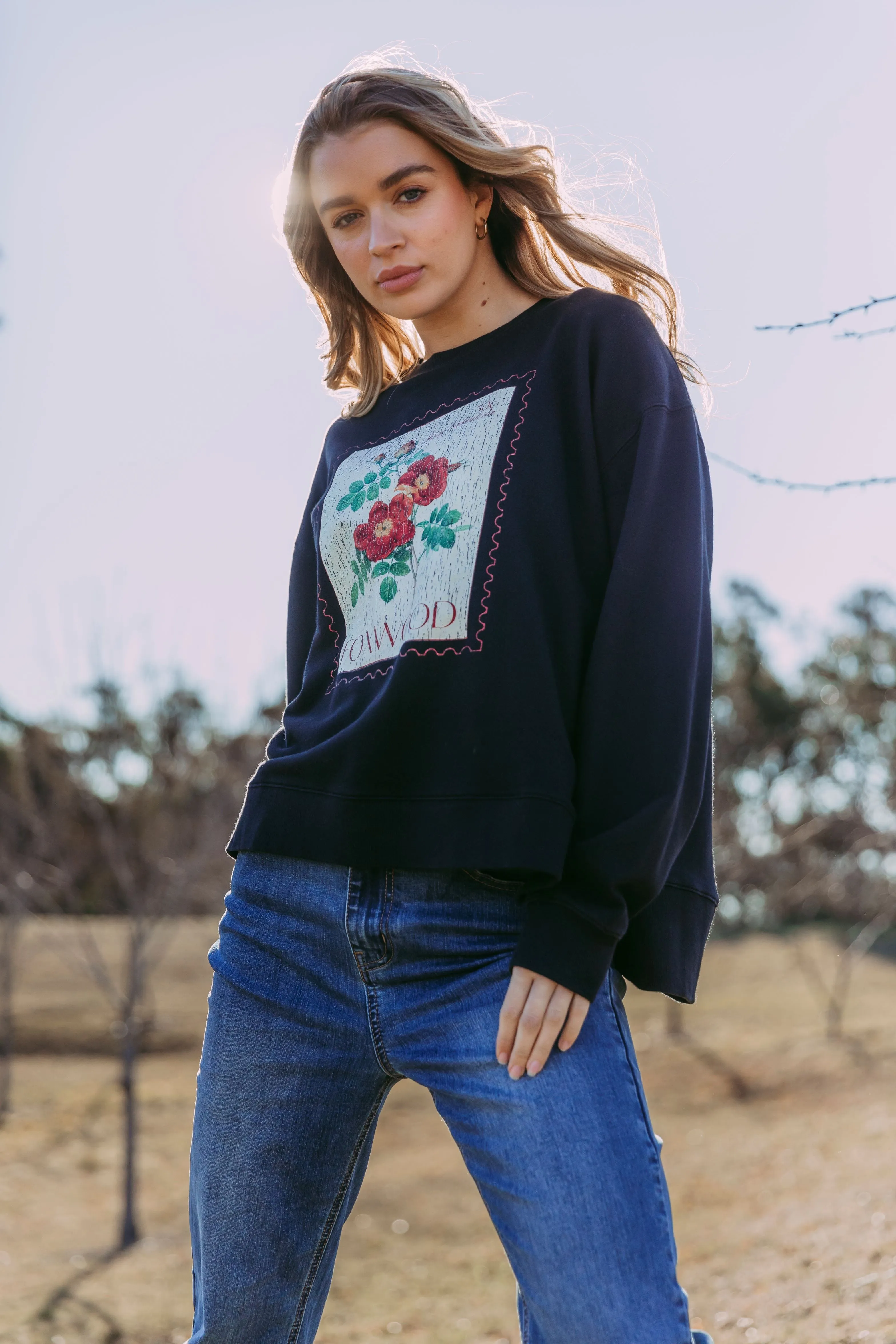 Foxwood Stamped Floral Crew Black