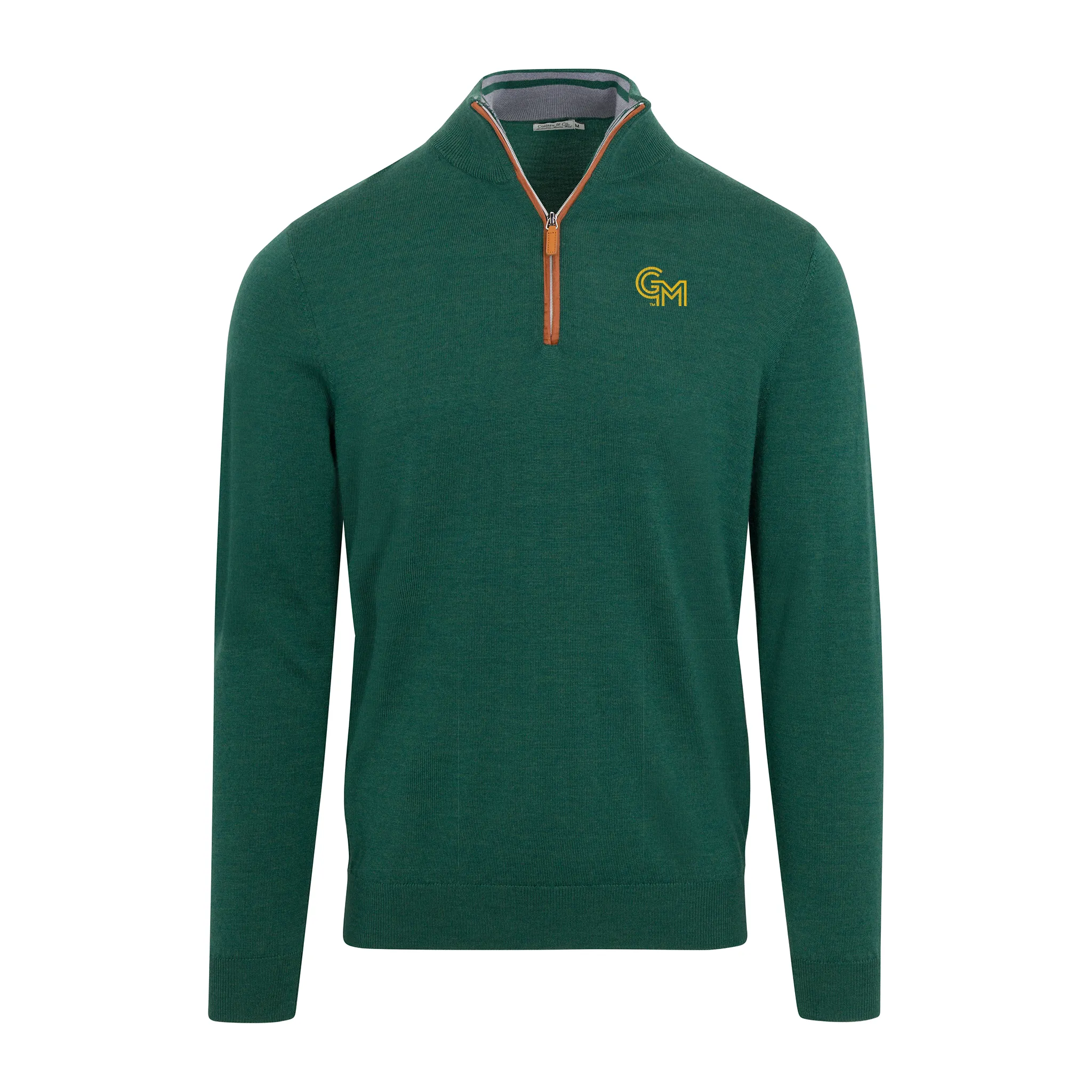 George Mason Hunter Green with Brown Suede Trim Cashmere Touch Australian Merino Quarter Zip Sweater