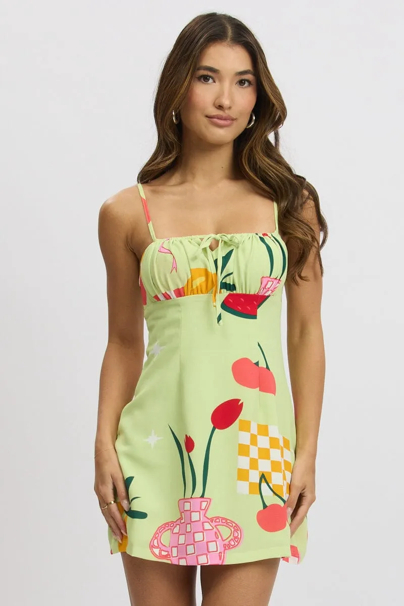 Green Abstract Mini Dress Ruched Bust