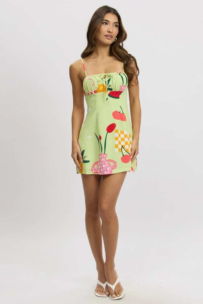 Green Abstract Mini Dress Ruched Bust