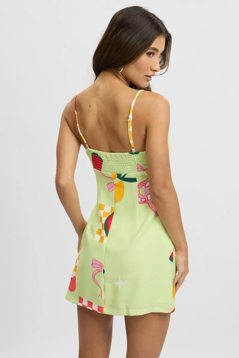 Green Abstract Mini Dress Ruched Bust