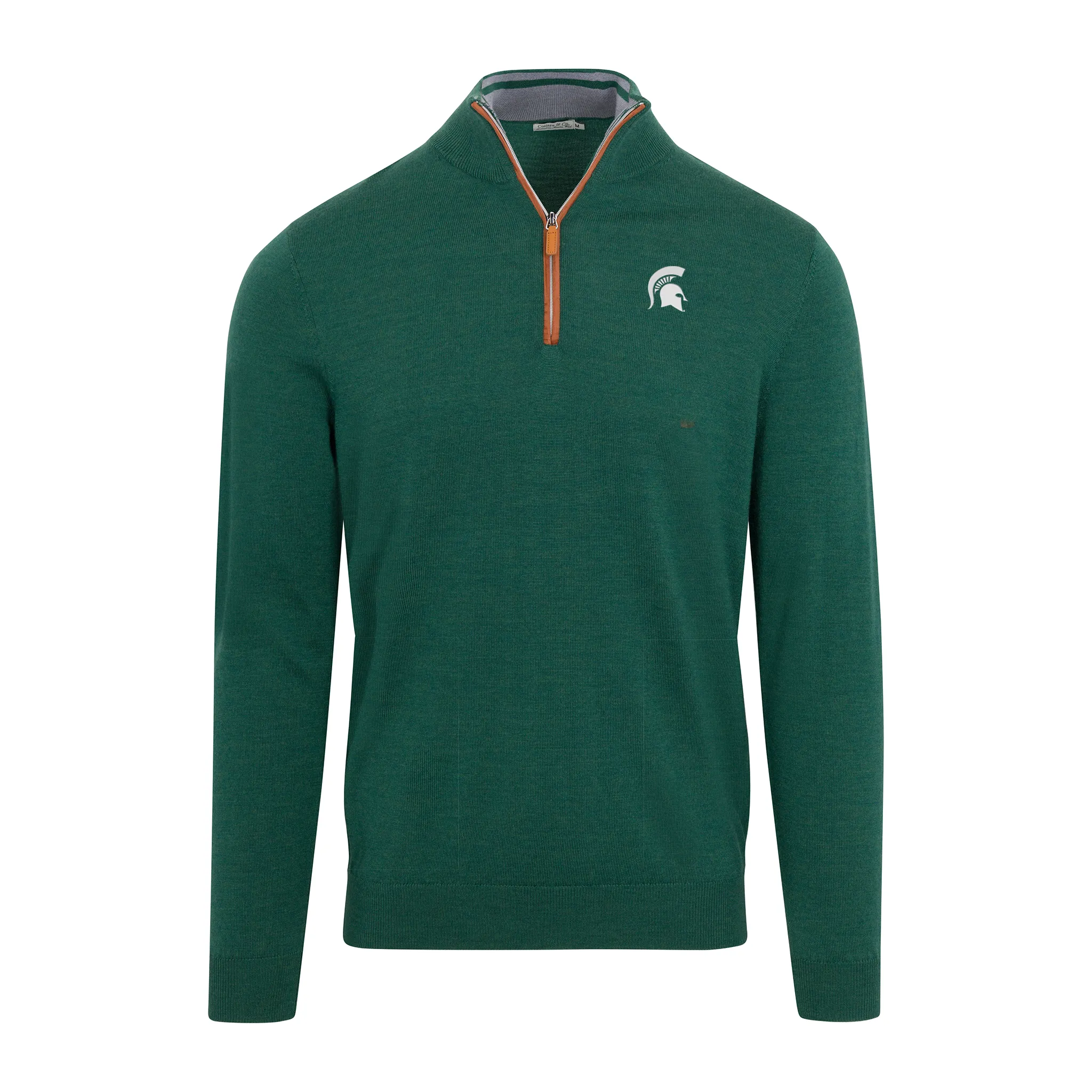 Michigan State Hunter Green with Brown Suede Trim Cashmere Touch Australian Merino Quarter Zip Sweater