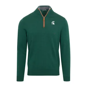 Michigan State Hunter Green with Brown Suede Trim Cashmere Touch Australian Merino Quarter Zip Sweater
