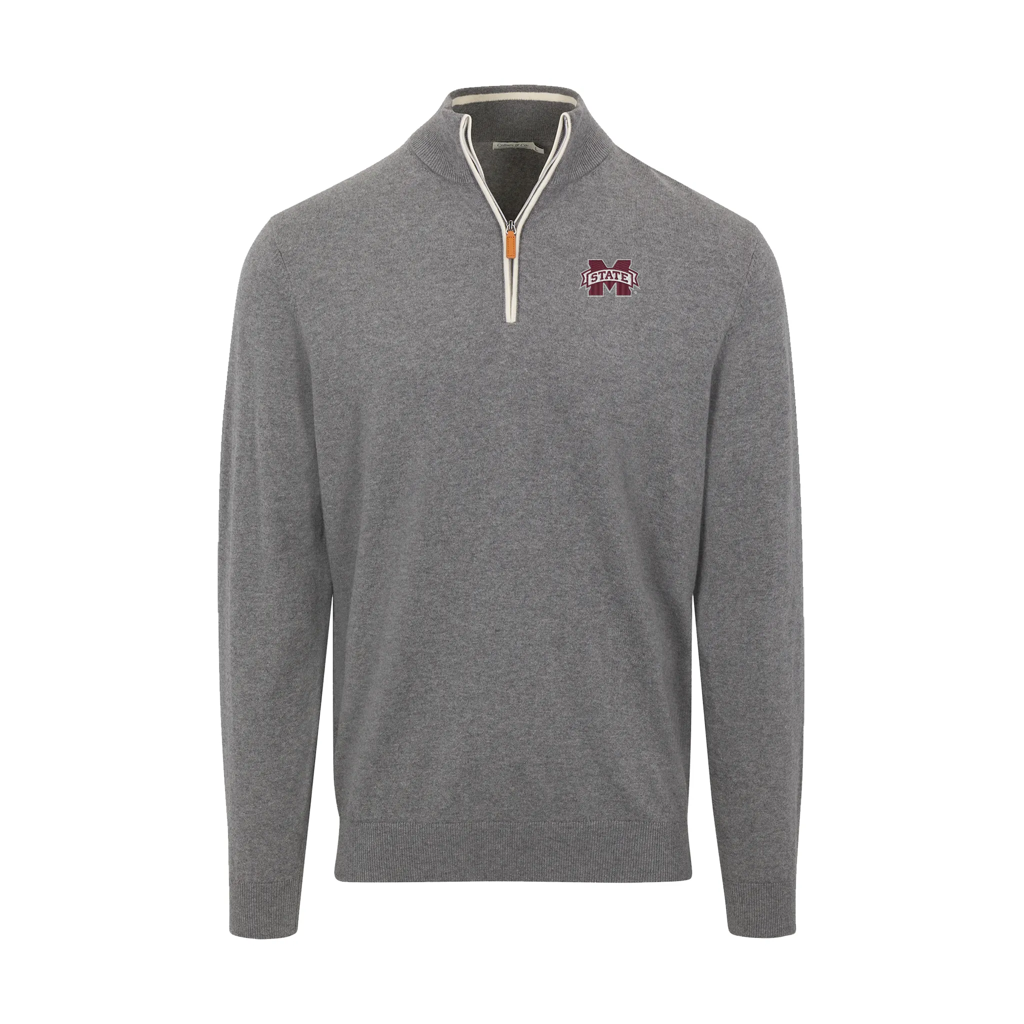 Mississippi State Grey with White Trim Luxury Touch Cotton and Cashmere Quarter Zip Sweater