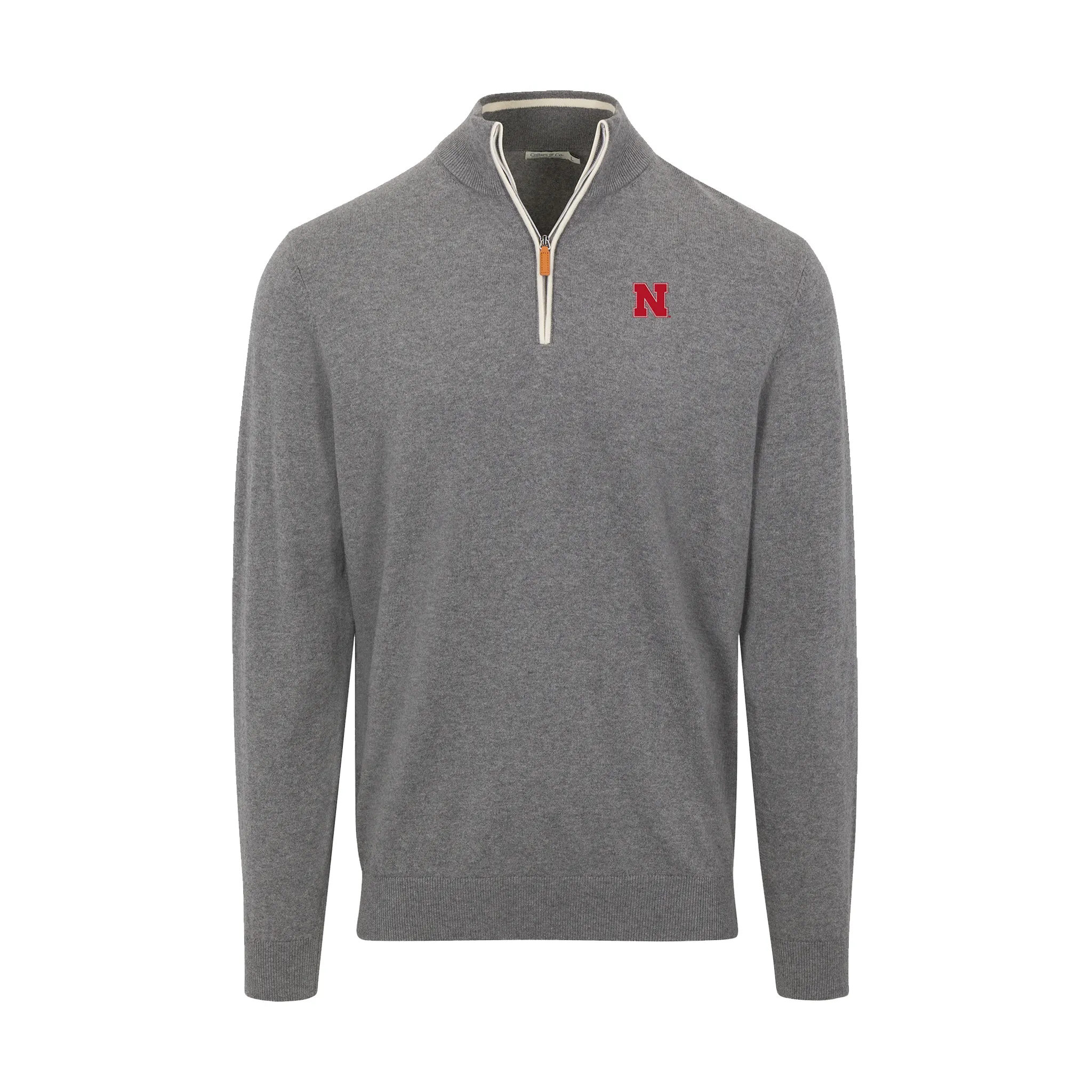Nebraska Grey with White Trim Luxury Touch Cotton and Cashmere Quarter Zip Sweater