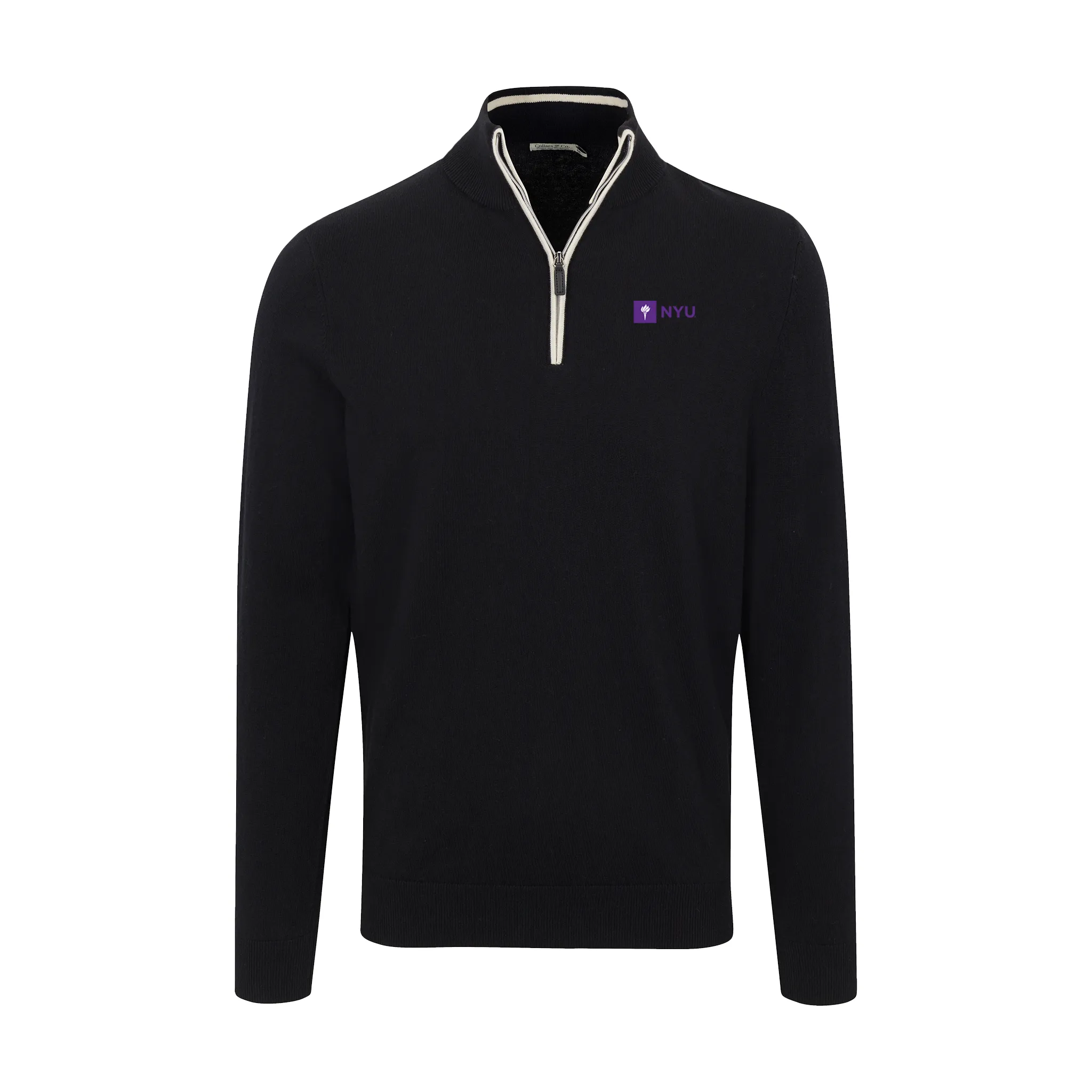 New York University Black with White Trim Luxury Touch Cotton and Cashmere Quarter Zip Sweater