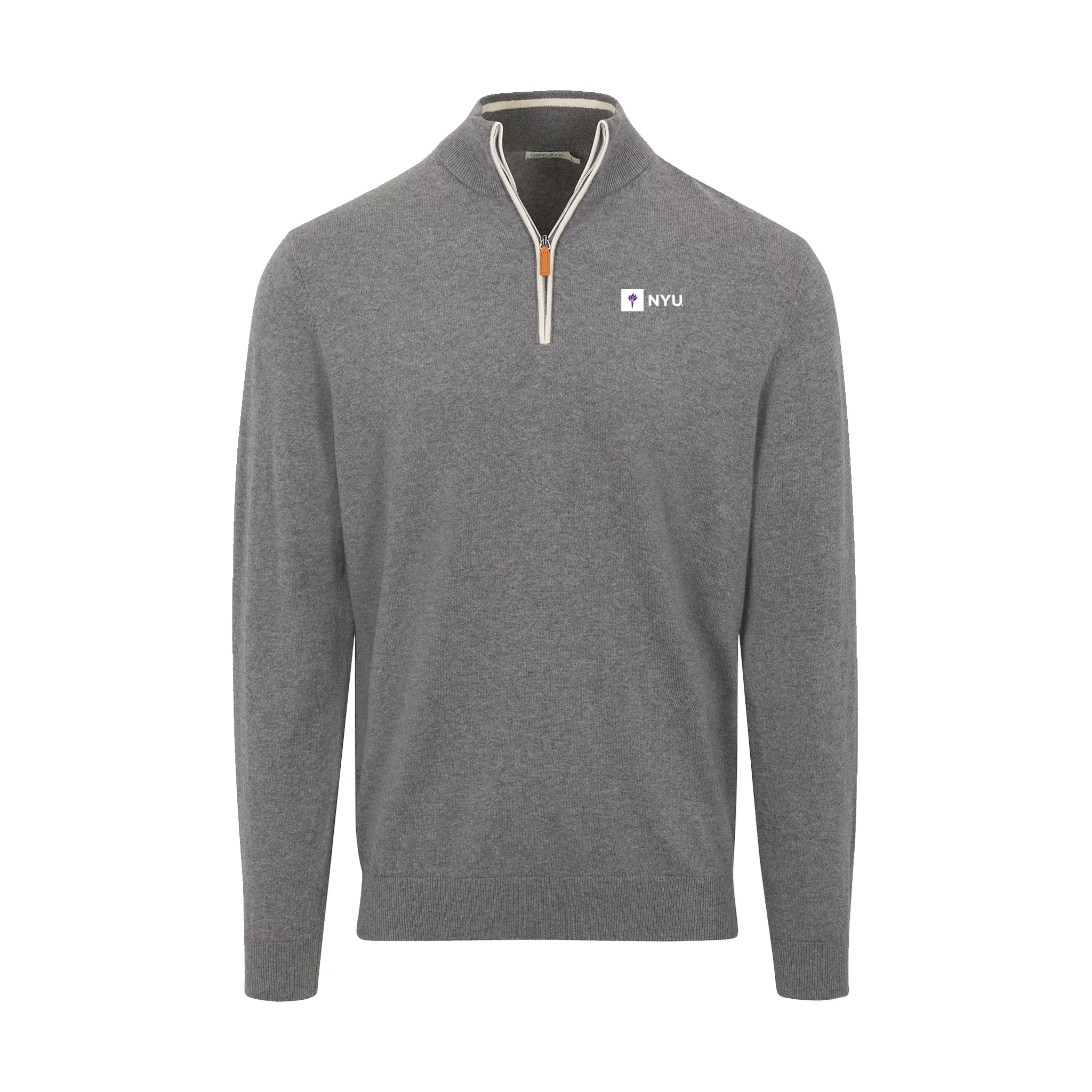 New York University Grey with White Trim Luxury Touch Cotton and Cashmere Quarter Zip Sweater