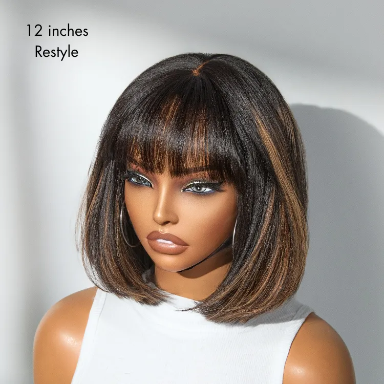 Put On and Go Realistic Glueless Yaki Straight Bob with Bangs Minimalist Lace Wig 100% Human Hair
