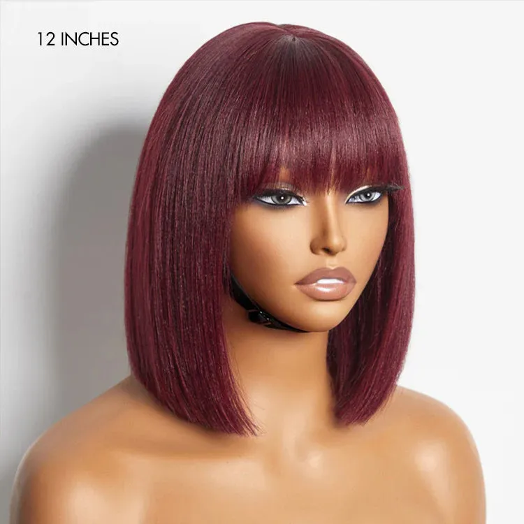 Put On and Go Realistic Glueless Yaki Straight Bob with Bangs Minimalist Lace Wig 100% Human Hair