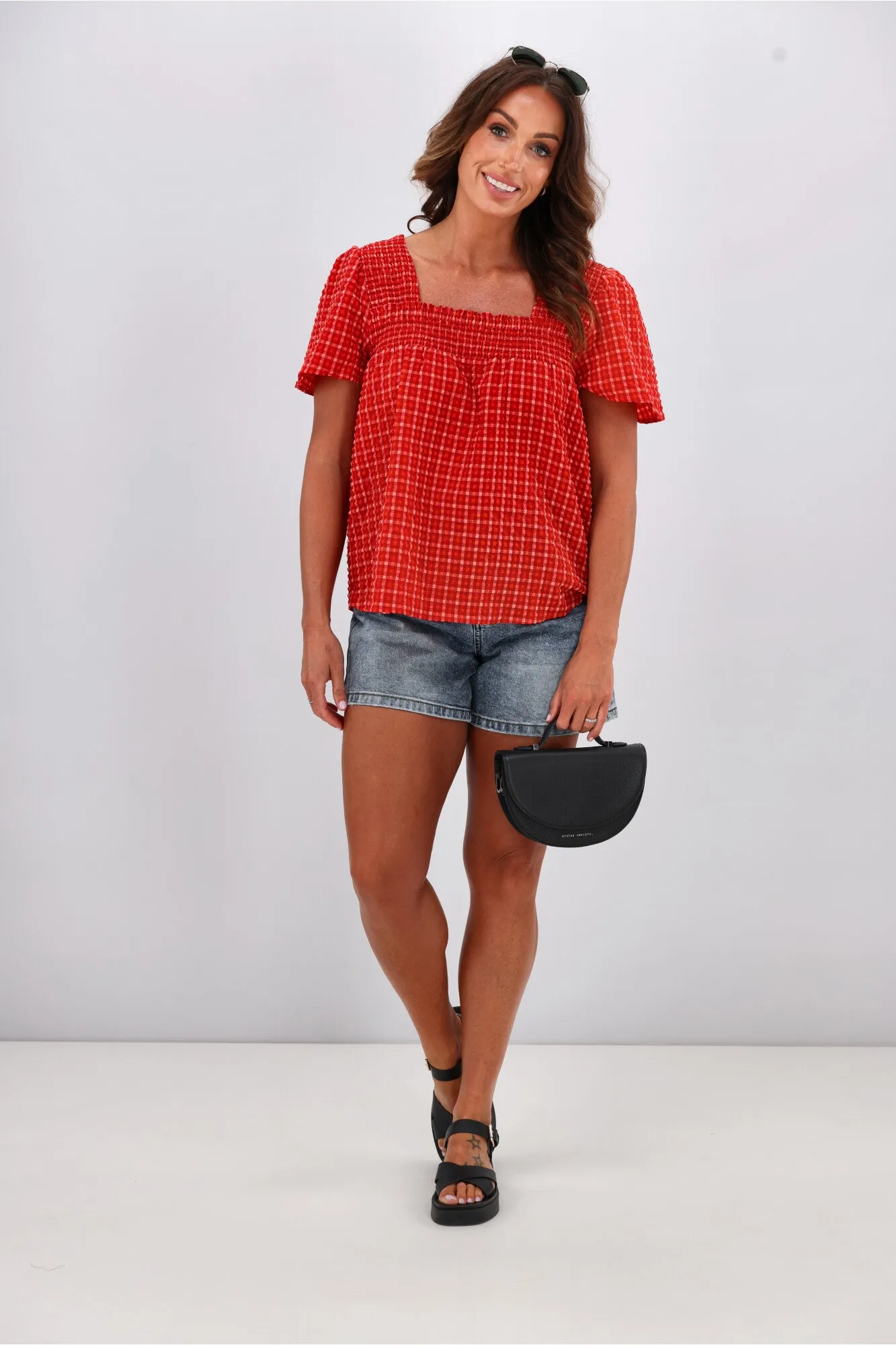 Shine On Label Emmeline Square Neck Shirred Top Red
