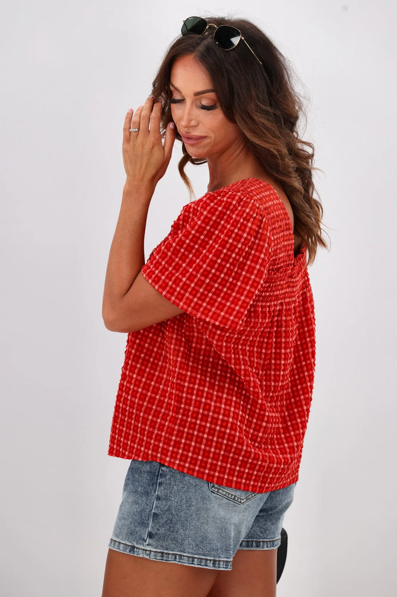 Shine On Label Emmeline Square Neck Shirred Top Red