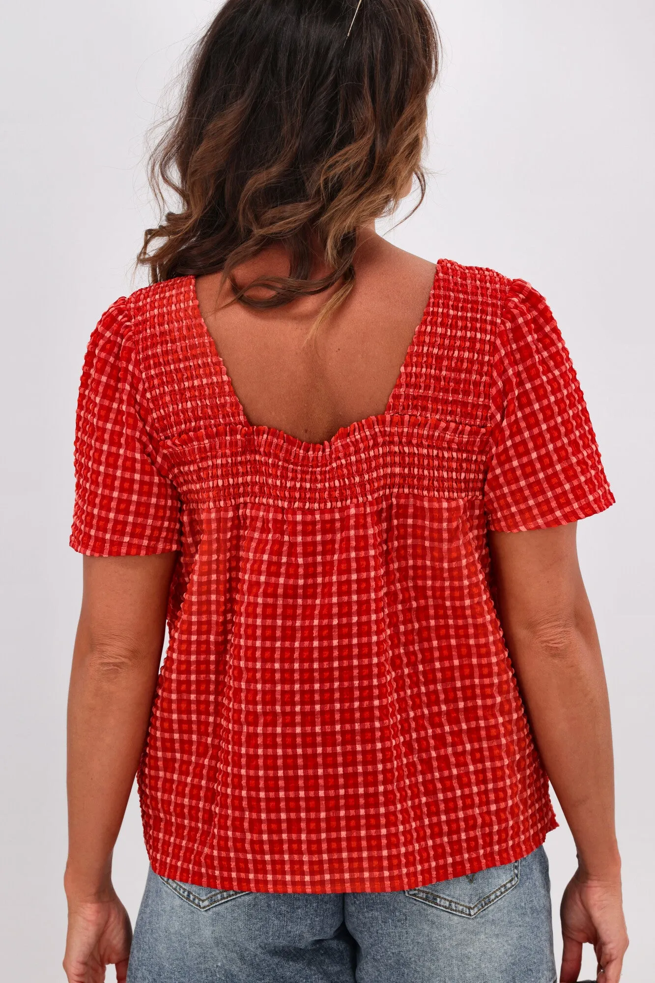 Shine On Label Emmeline Square Neck Shirred Top Red