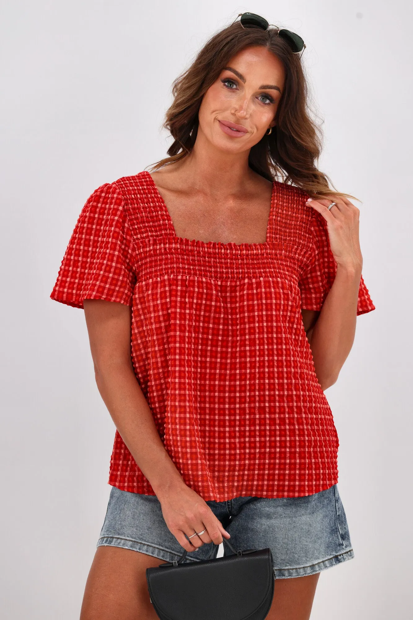 Shine On Label Emmeline Square Neck Shirred Top Red