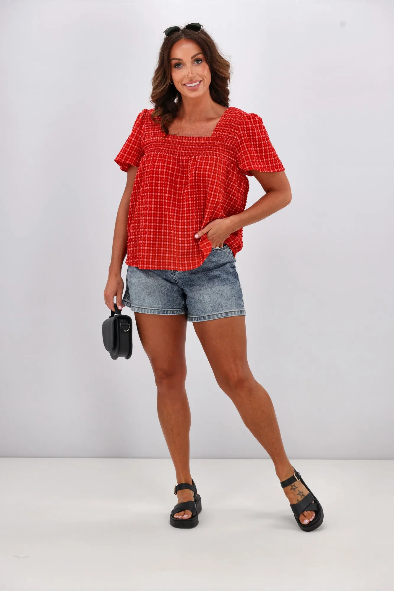 Shine On Label Emmeline Square Neck Shirred Top Red