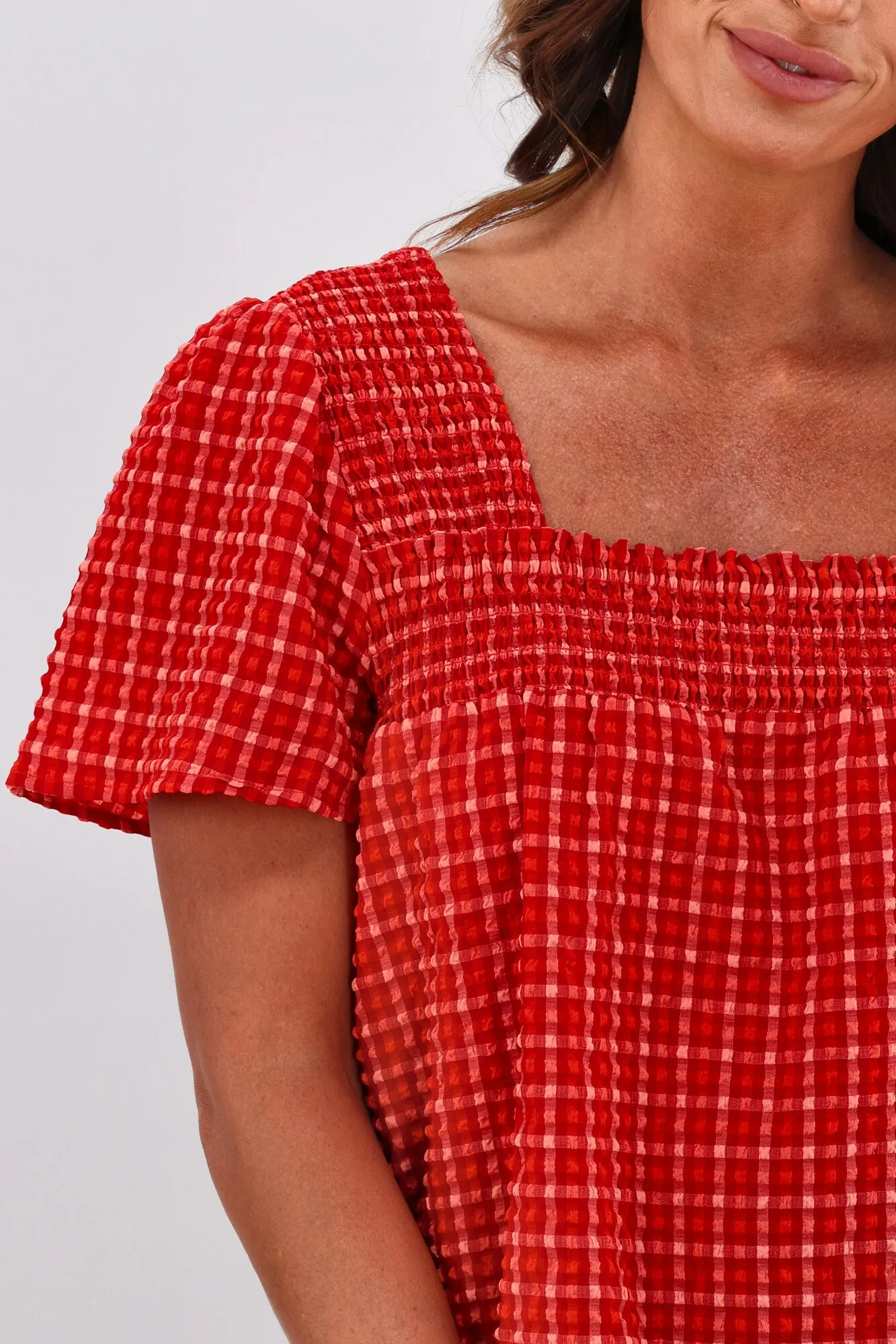 Shine On Label Emmeline Square Neck Shirred Top Red