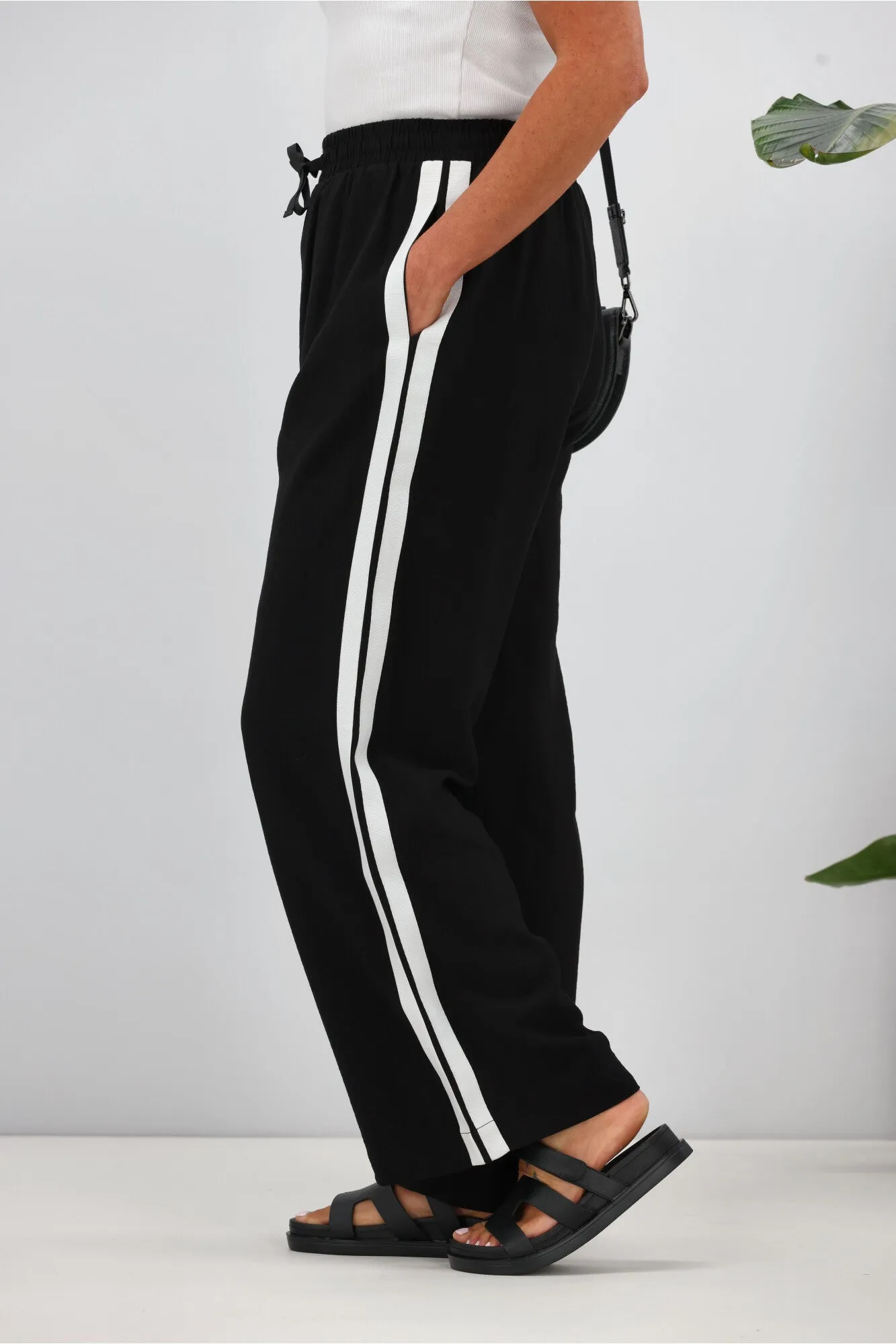 Shine On Label Escapade Double Stripe Wide Leg Pants Black