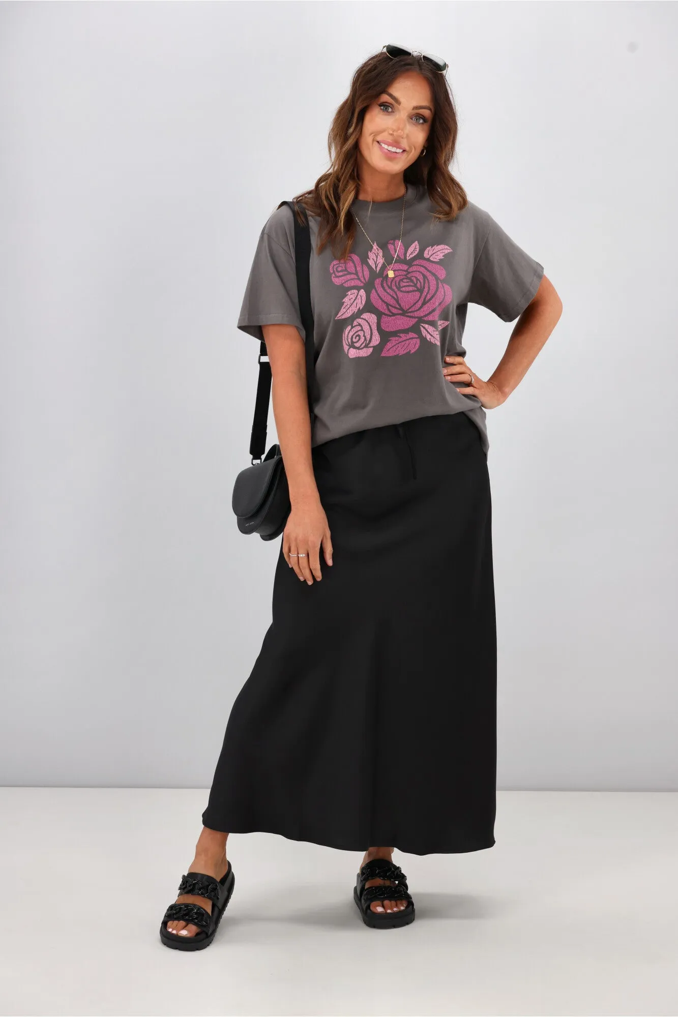 Shine On Label Hazel Satin Midi Skirt Black