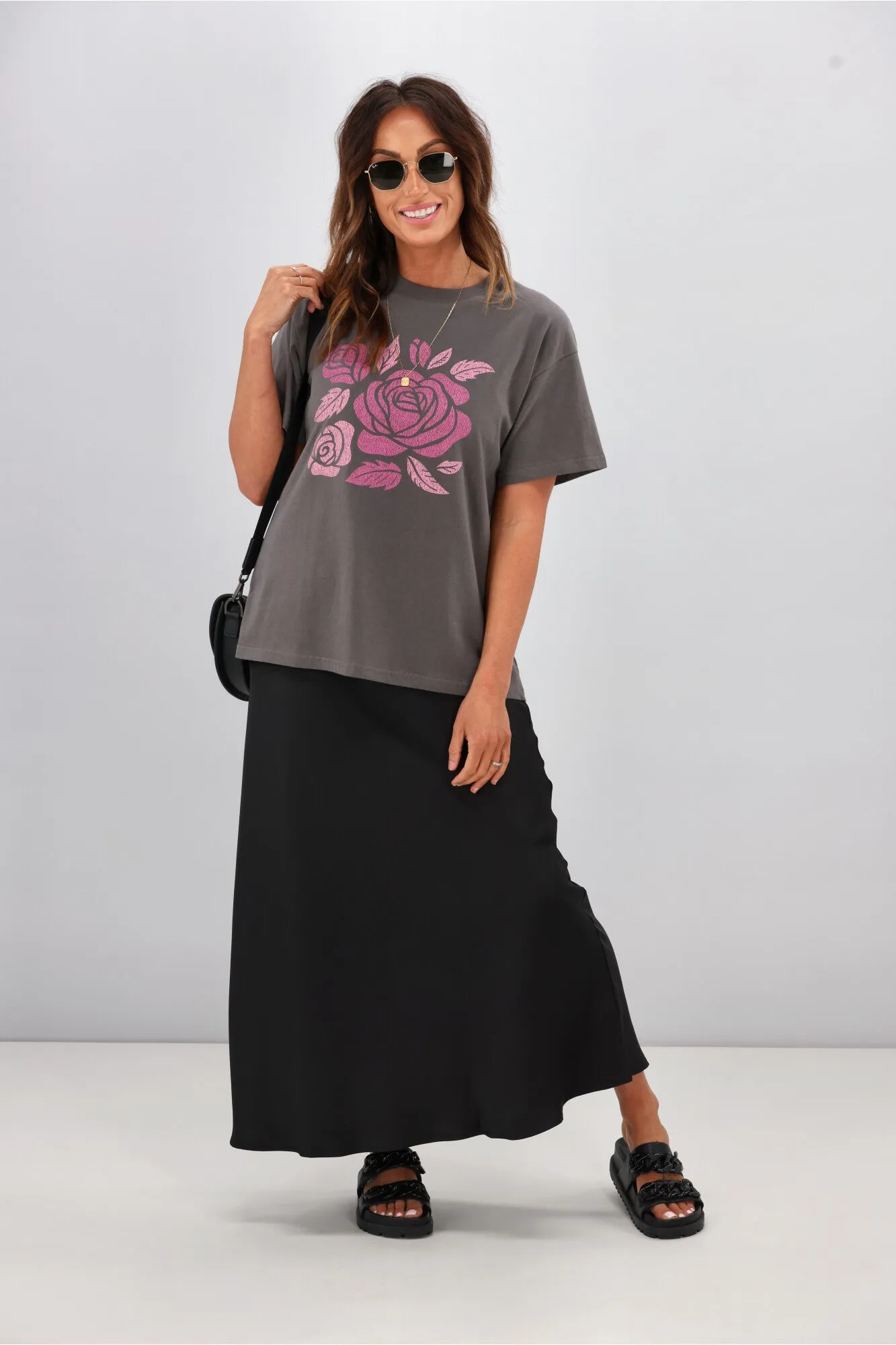Shine On Label Hazel Satin Midi Skirt Black