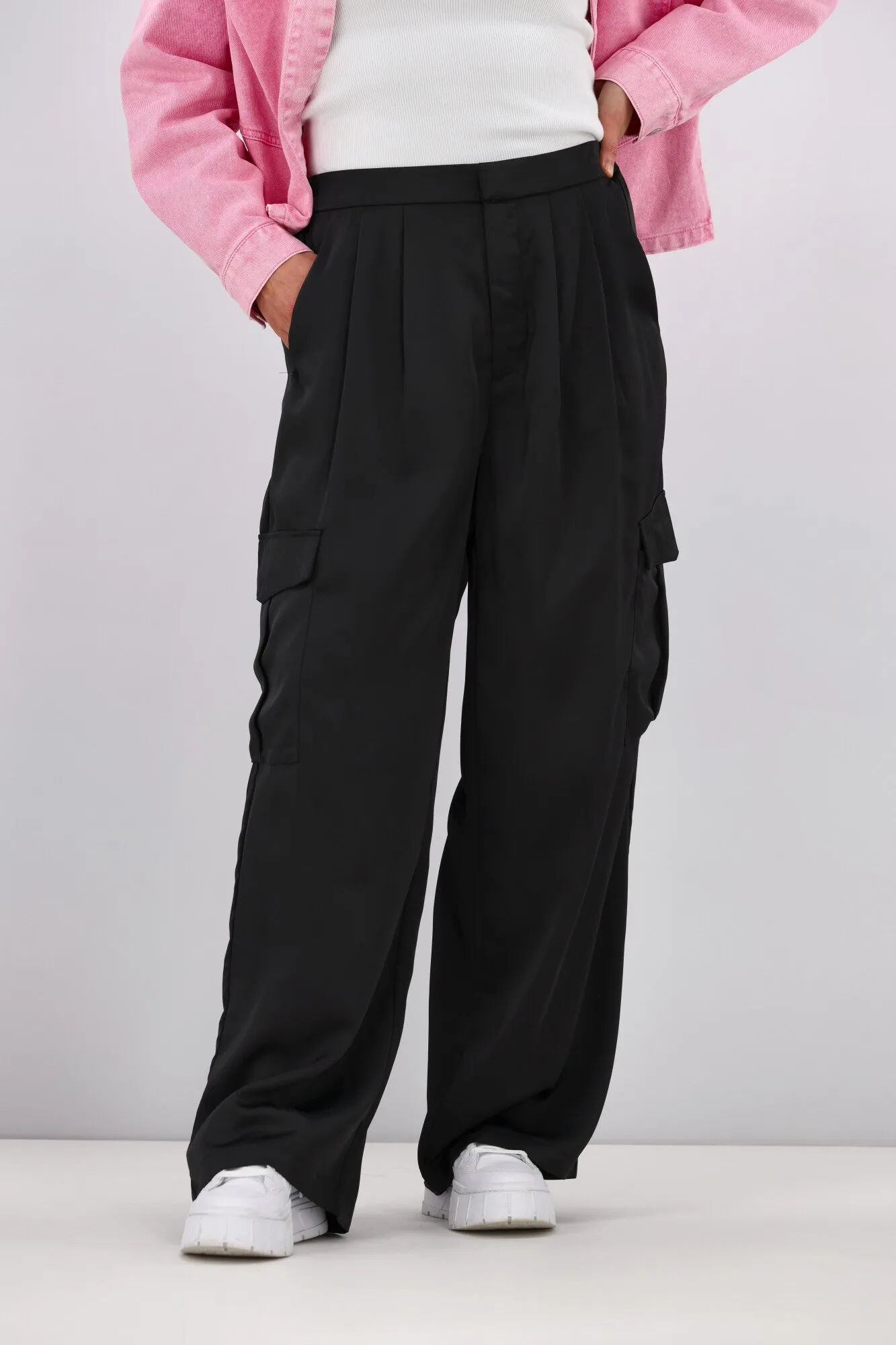 Shine On Label Julio Satin Cargo Pants Black