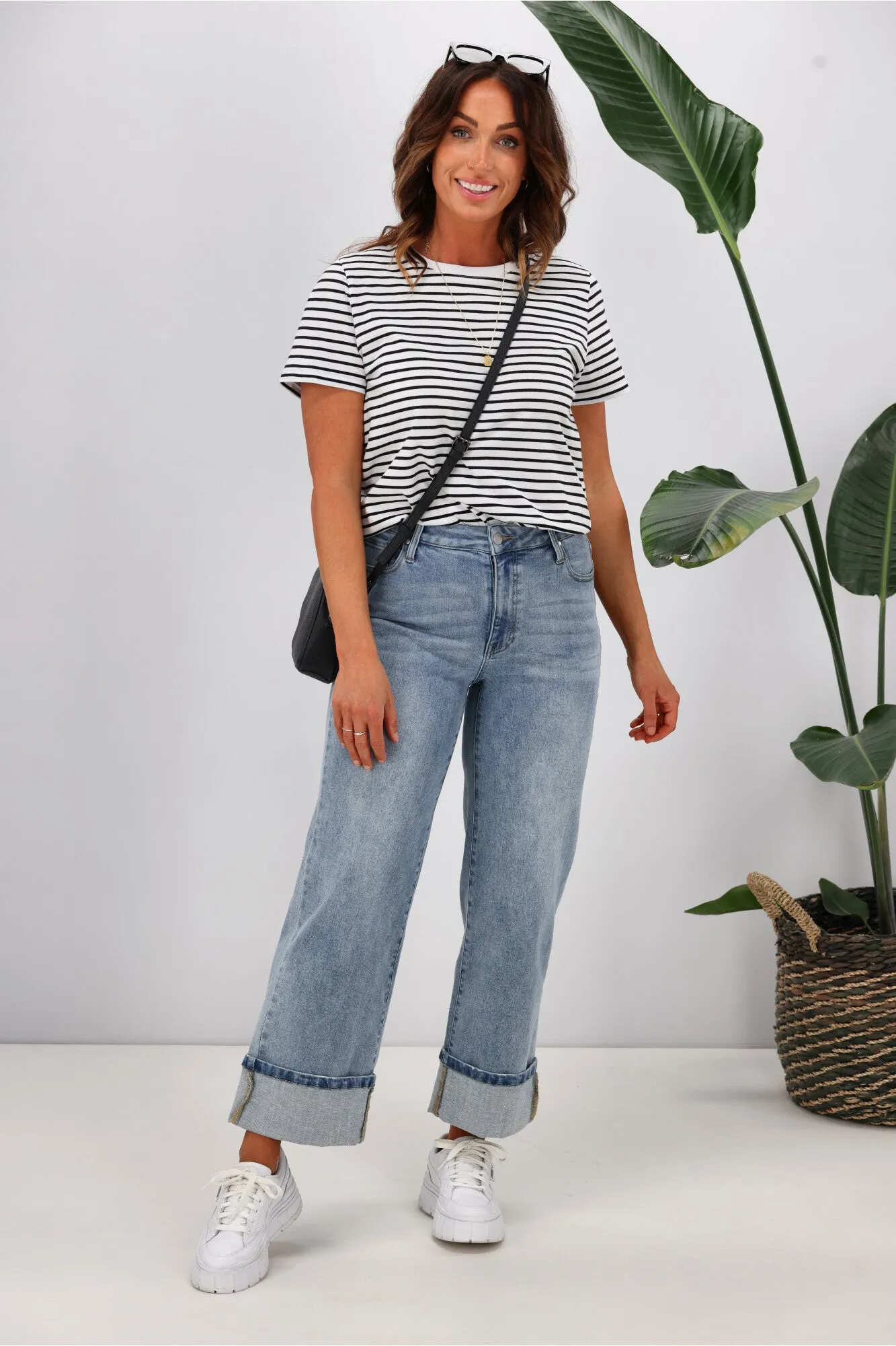 Shine On Label Zeke Wide Leg Jean with Turn Up Hem Washed Blue