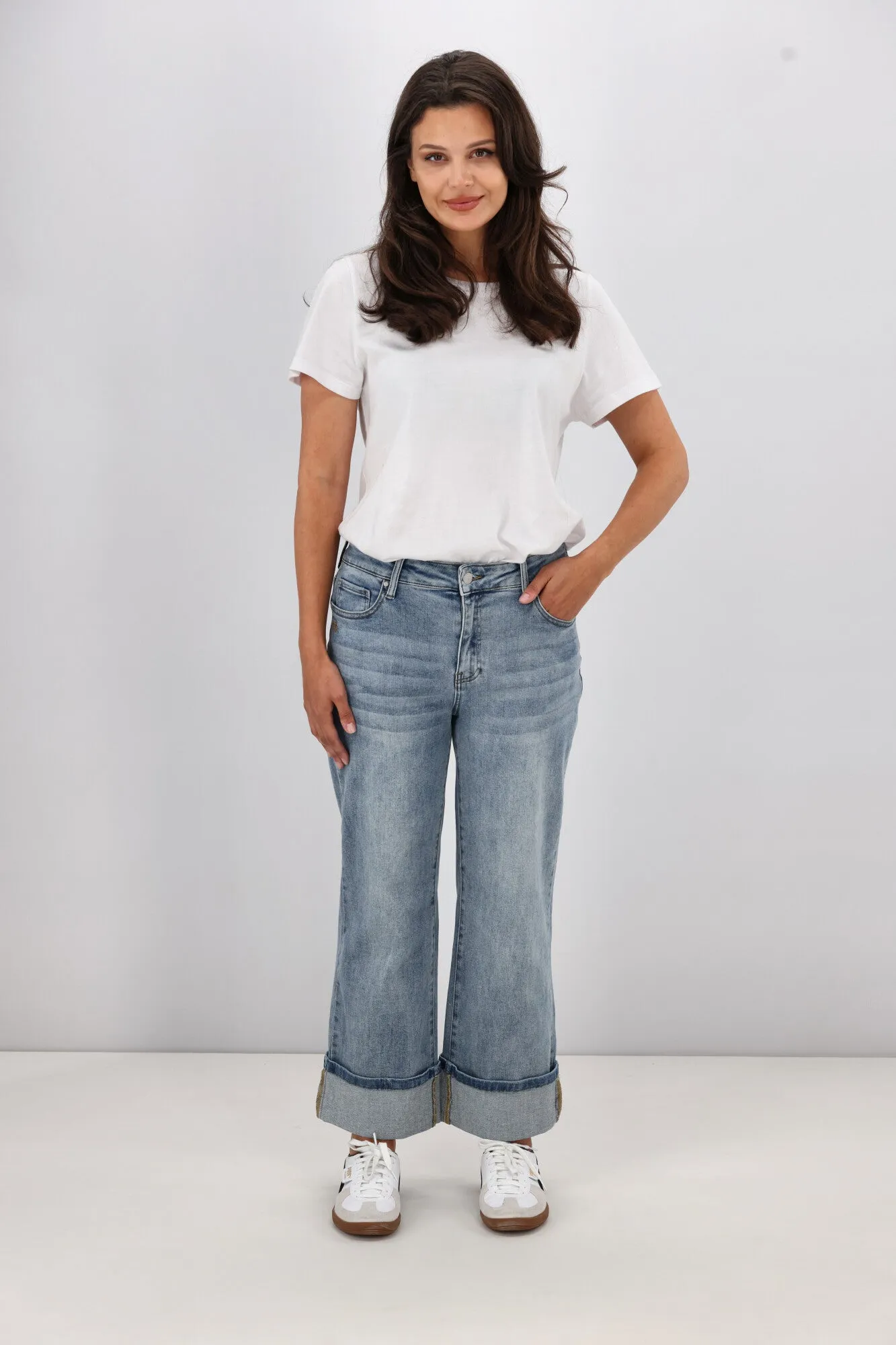 Shine On Label Zeke Wide Leg Jean with Turn Up Hem Washed Blue