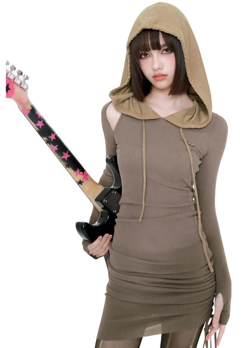 Slim Fit Hooded Off-Shoulder Long-Sleeve Dress