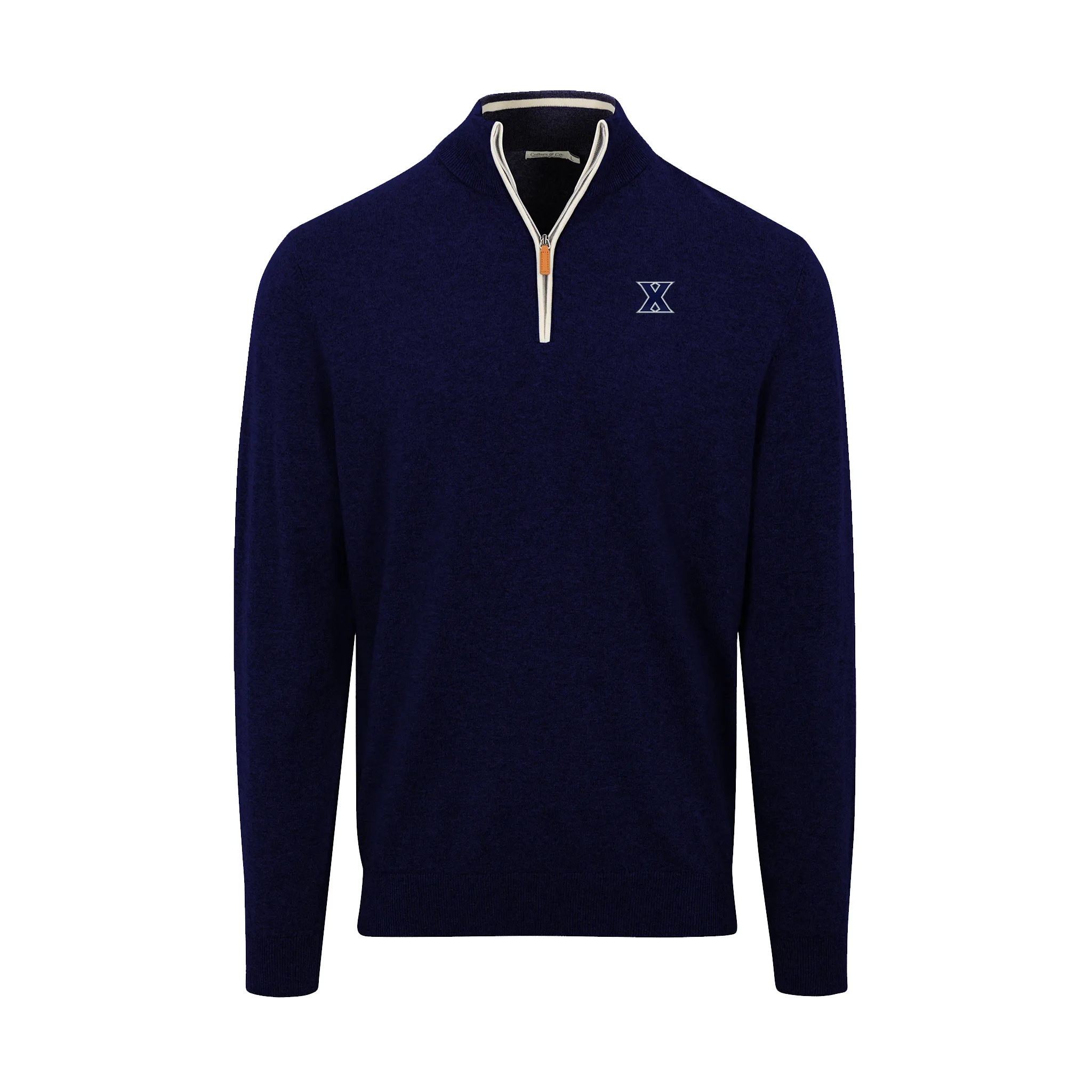 Xavier Navy with White Trim Luxury Touch Cotton and Cashmere Quarter Zip Sweater